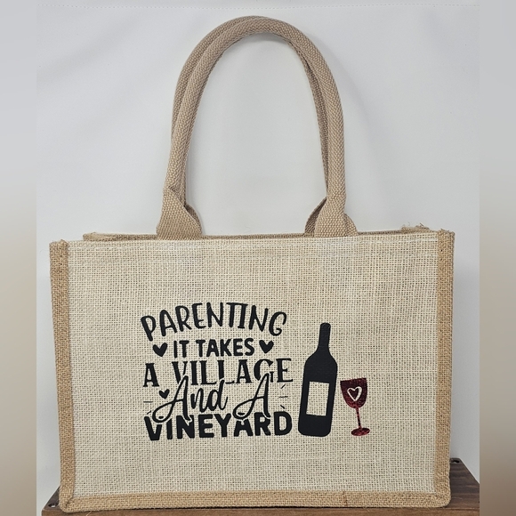 Source Unknown Handbags - Parenting It Takes A Village And A Vineyard Jute Burlap Tote Bag Wine Holder